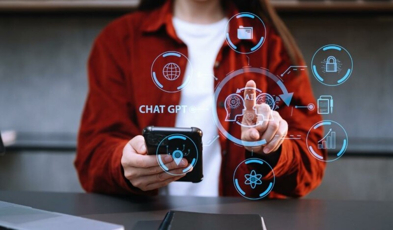 Woman exploring technology options: ChatGPT, Artificial Intelligence, security, data and privacy
