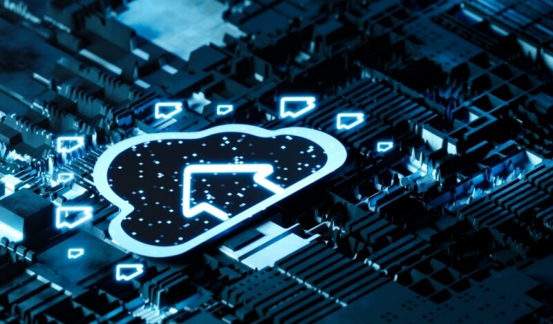 Computer graphic with a large digital cloud and an upfacing arrow surrounded by smaller digital cloud icons