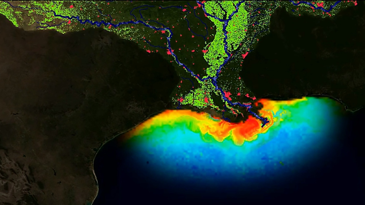 Enhanced nutrient runoff map shows impact of human activities on water quality and annual summer dead zone in the Gulf of Mexico; image credit NOAA