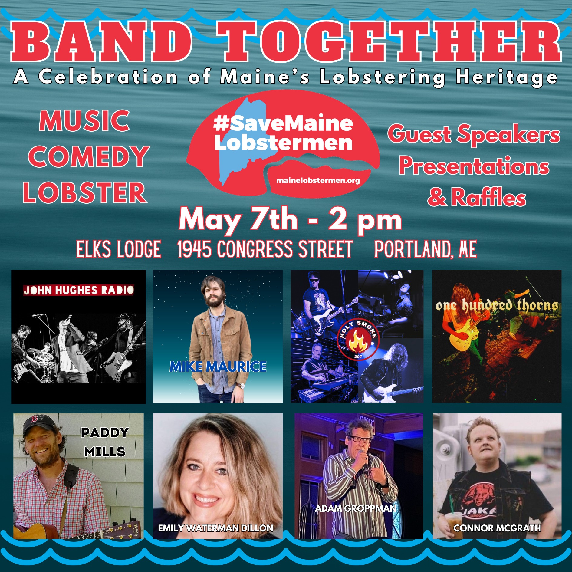 Band Together artists and comedians that will perform at Sunday's event. Flyer from the Maine Lobstermen's Association.