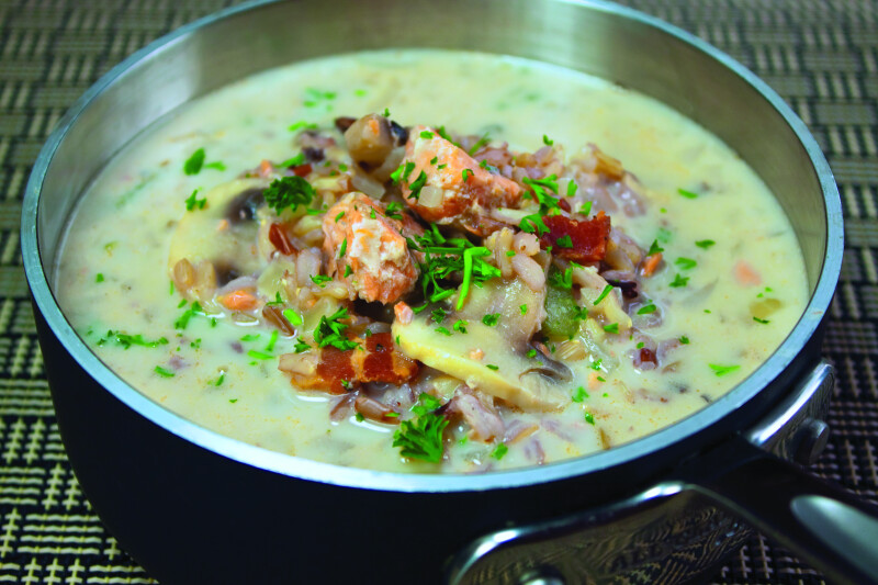Mushroom, Salmon, and Wild Rice Soup by LaDonna Gundersen from the cookbook Salmon, Desserts & Friends.