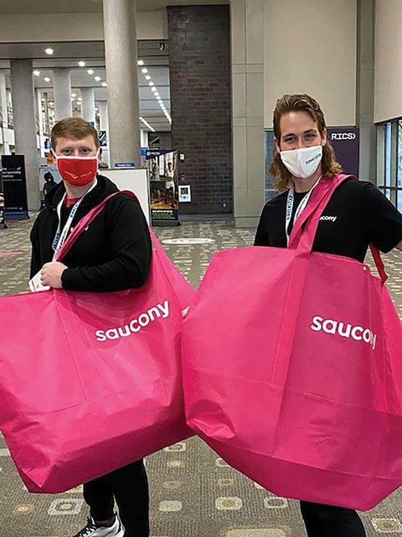 Pink Saucony swag bags