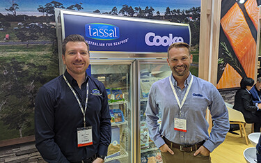 Tassal Head of Sales and Marketing Matt Vince and Cooke Inc. Director of Global Supply Brett Cooke at Seafood Expo Asia.