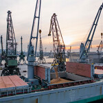 A grain transport vessel being loaded in Ukraine.