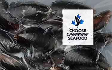 The Choose Canadian Seafood logo on a package of mussels.