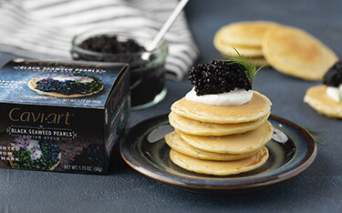 plant based caviar with pancakes