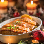 Salmon dish with a Christmas-themed background.