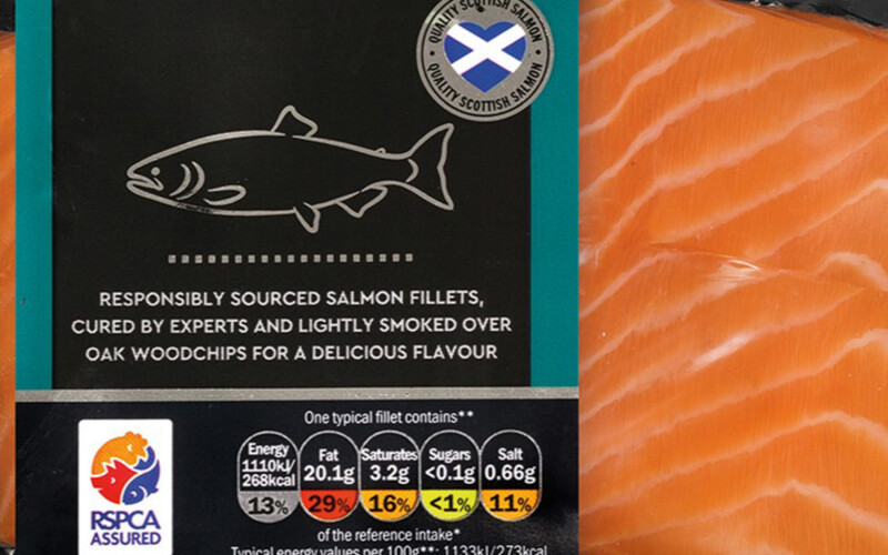 The RSPCA Assured logo on a package of smoked salmon.
