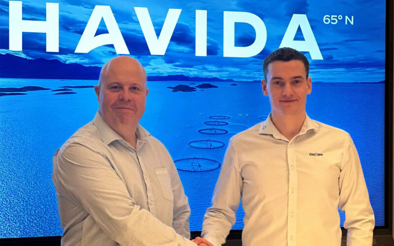 The leadership of Havida and GroAqua shake hands on a merger of the two companies.