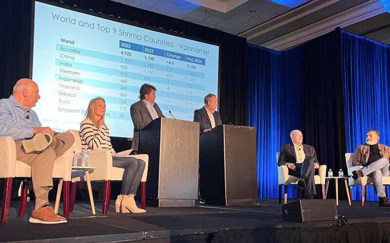Experts at a panel covering shrimp trends at the Global Seafood Market Conference 2024.
