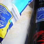Marine Stewardship Council eco-labels on seafood products.