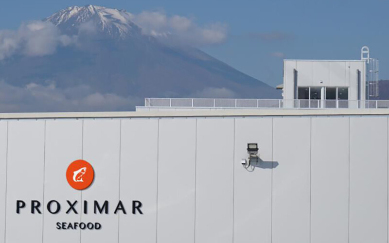 Proximar Seafood's recirculating aquaculture system facility in Yama, Shizuoka Prefecture, Japan with Mt. Fuji in the background.
