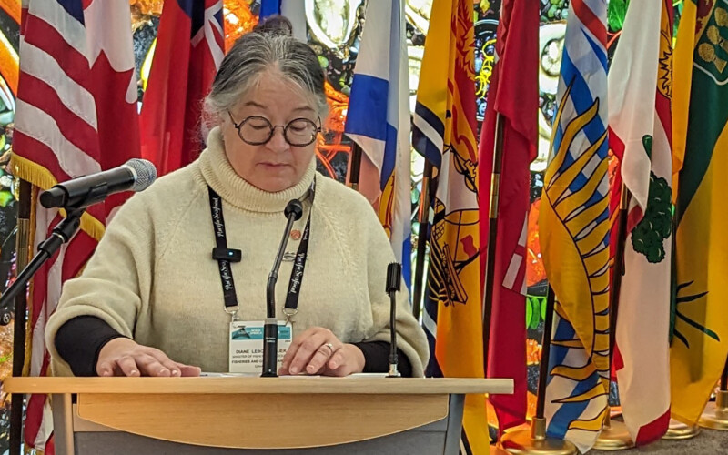 Canadian Minister of Fisheries Diane Lebouthillier speaking at a podium, with flags of the Canadian provinces behind her.