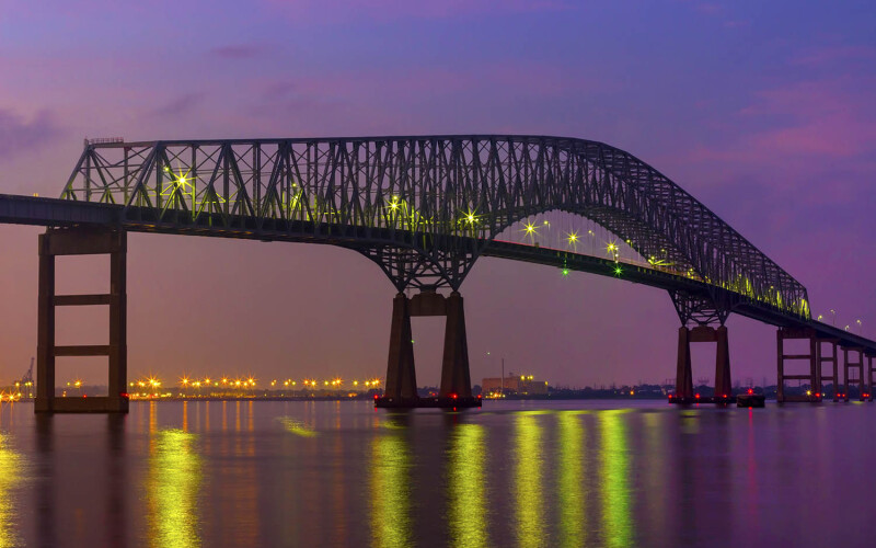 The Francis Scott Key Bridge before its collapse in Baltimore, Maryland, U.S.A.