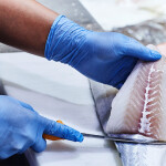 A Norcod employee processing a piece of cod