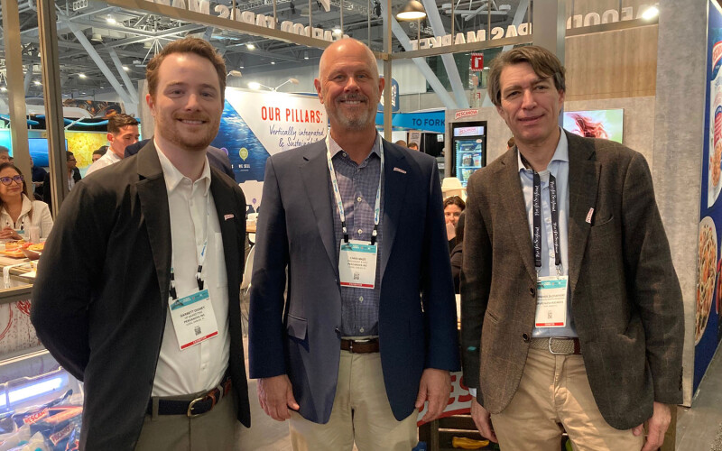 Pescanova USA Marketing Vice President Garrett Digney, Pescanova USA President and CEO Chris Maze, and Pescanova Group Vice President of Salesk, Marketing, and Innovation Fernando Zaldívar Kunz.