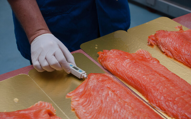A salmon processing plant employee measuring temperature of smoked salmon