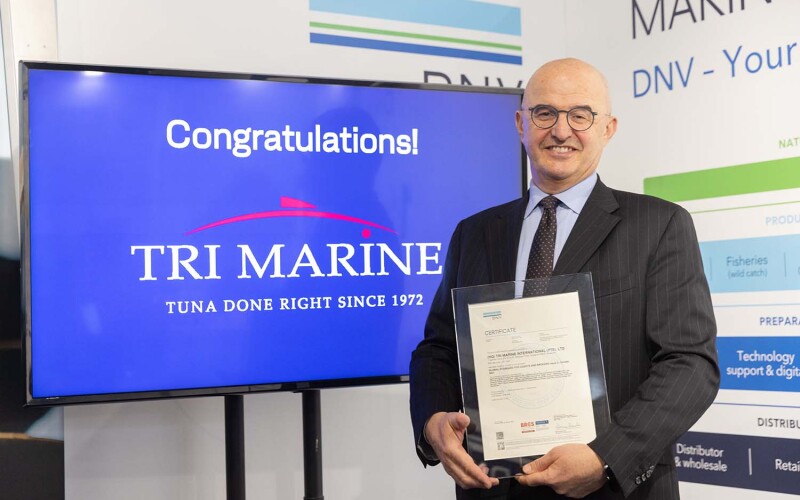Bolton Food Global Sustainable Development Director receiving the BRCGS Agents and Brokers certificate for Tri Marine Group at the 2024 Seafood Expo Global