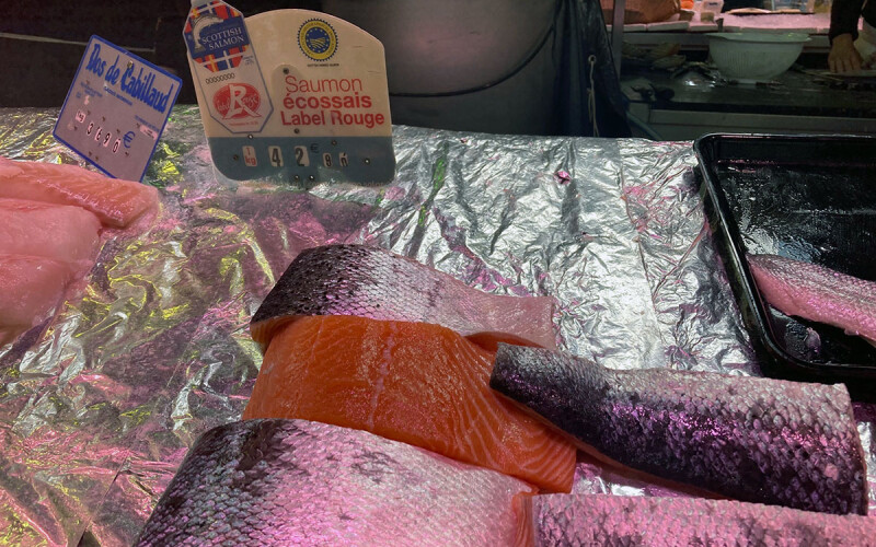 Pieces of salmon on display near a Label Rouge label