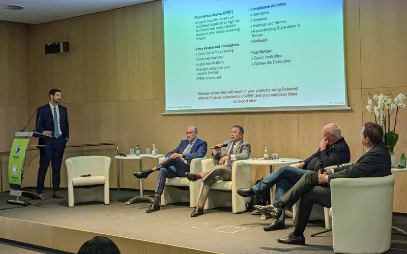 Trade experts speak on a panel at the 2024 Seafood Expo Global in Barcelona, Spain