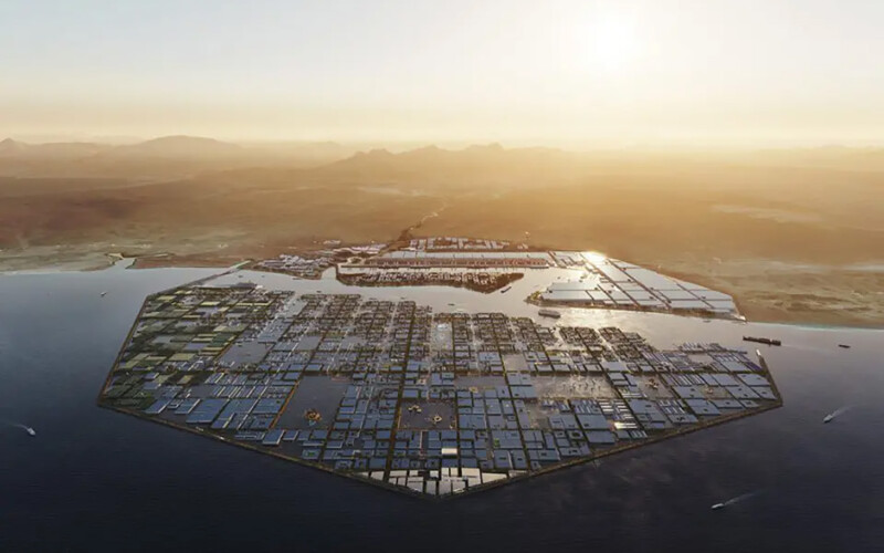 Renderings of the aquaculture-focused OXAGON project in the futuristic city of NEOM