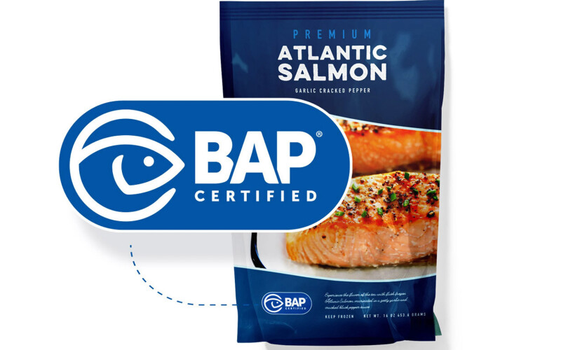 The BAP logo on a package of farmed salmon