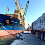 An Austral Group cargo vessel unloading bags of fishmeal onto trucks