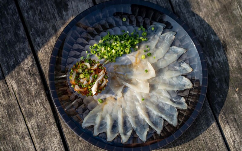A plate of pufferfish sashimi