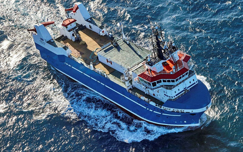 A Clearwater Seafoods fishing vessel on the water