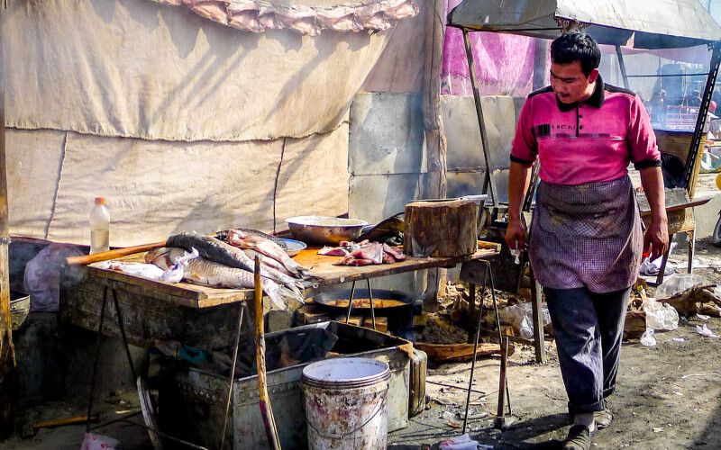 A Uyghur man grills fish at the Yopurga weekly market near Kashgar in China's Xinjiang Uyghur Autonomous Region